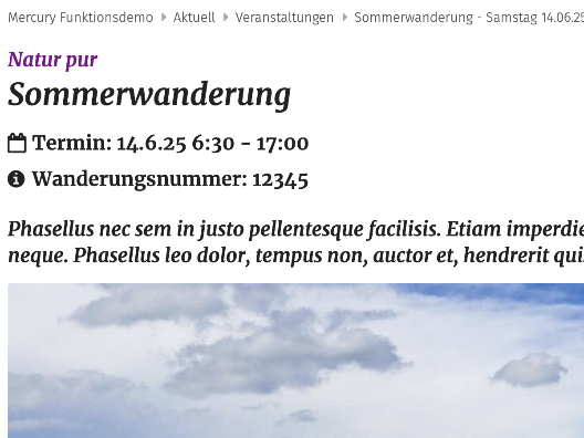 Veranstaltung Detailansicht mit Datum und Infos unterhalb des Titels