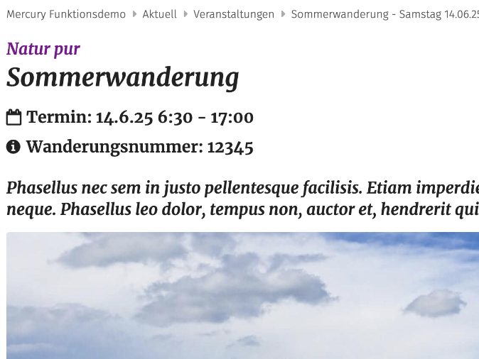 Veranstaltung Detailansicht mit Datum und Infos unterhalb des Titels