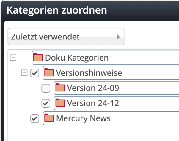 Ansicht der zuletzt verwendeten Kategorien