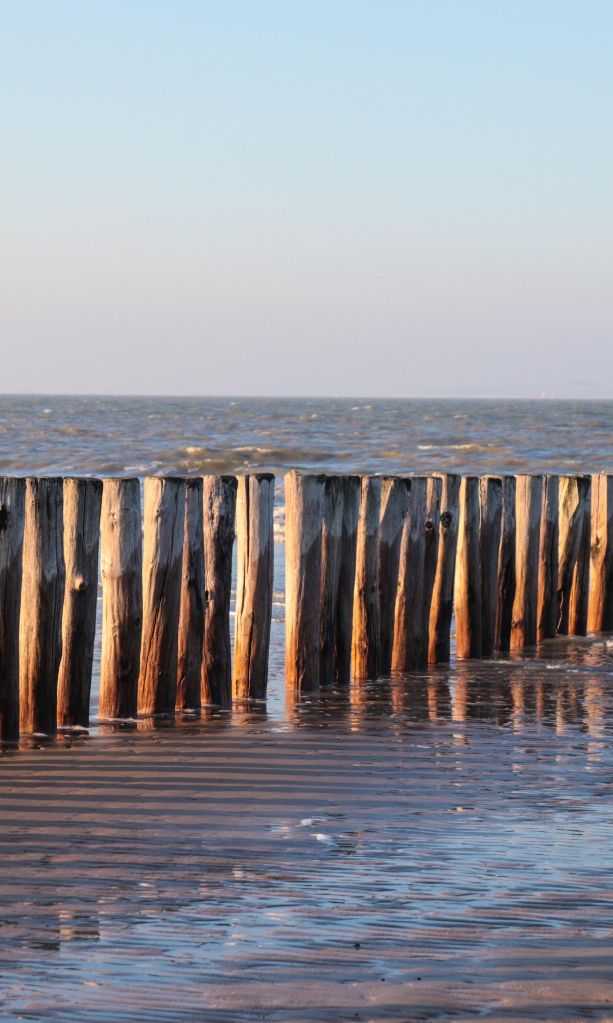 Blick vom Strand auf das Meer über eine Reihe Strandpfähle hinweg