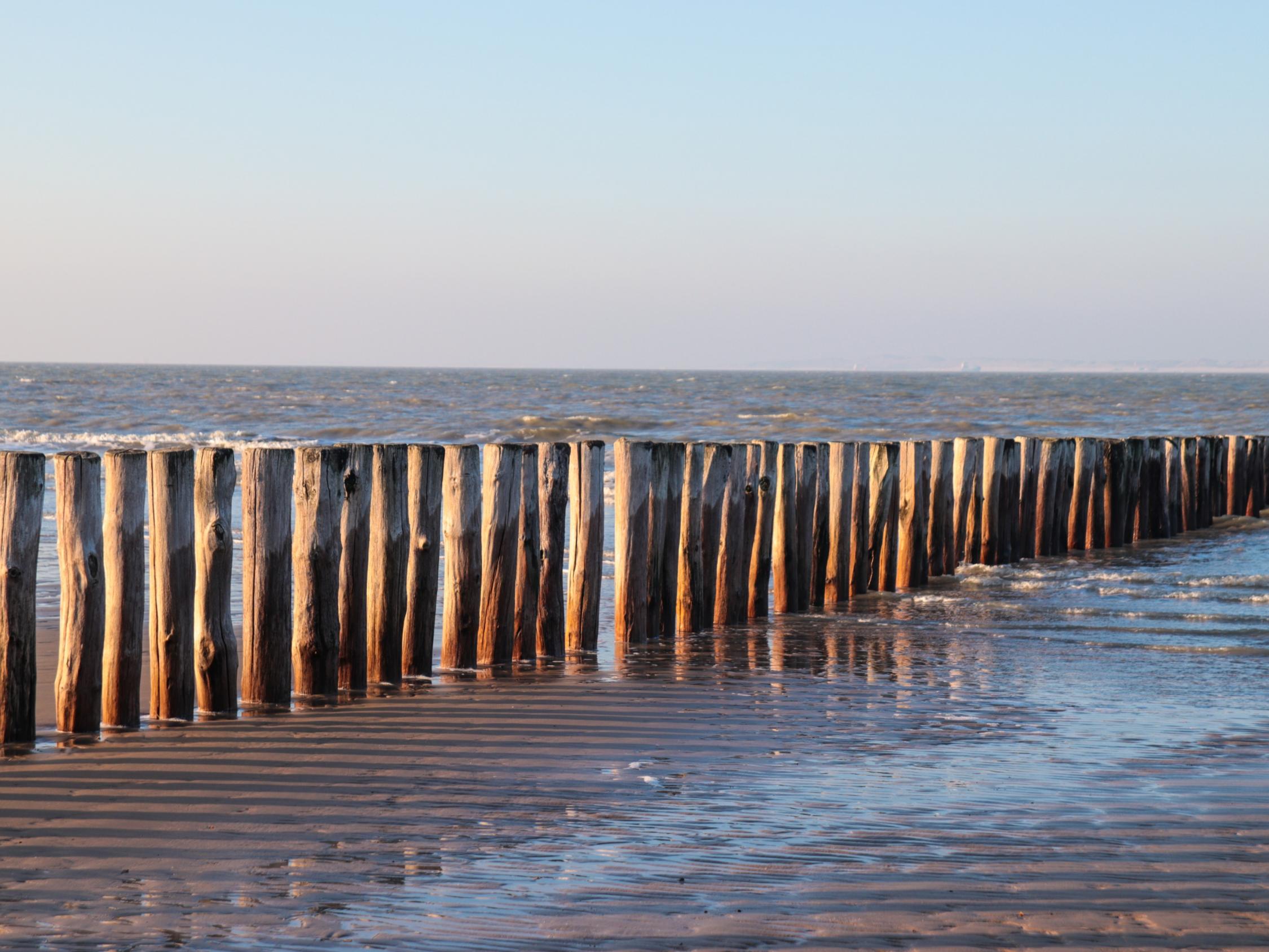 Blick vom Strand auf das Meer über eine Reihe Strandpfähle hinweg