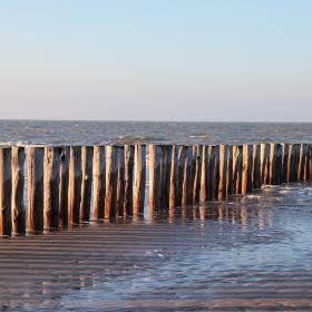 Blick vom Strand auf das Meer über eine Reihe Strandpfähle hinweg