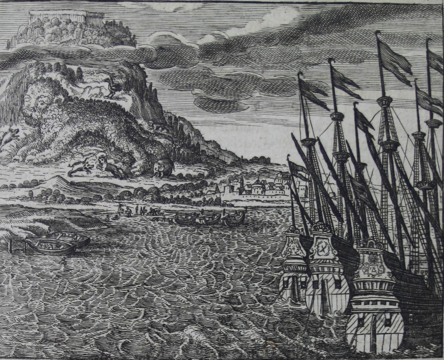 Schiffe vor dem Tafelberg (Kapstadt) auf dem Weg nach China - Johann Jacob Saar, Ost-Indianische Funfzehen-Jährige Kriegs-Dienste Nürnberg 1672 (Martinus-Bibliothek Mainz, 16/787)