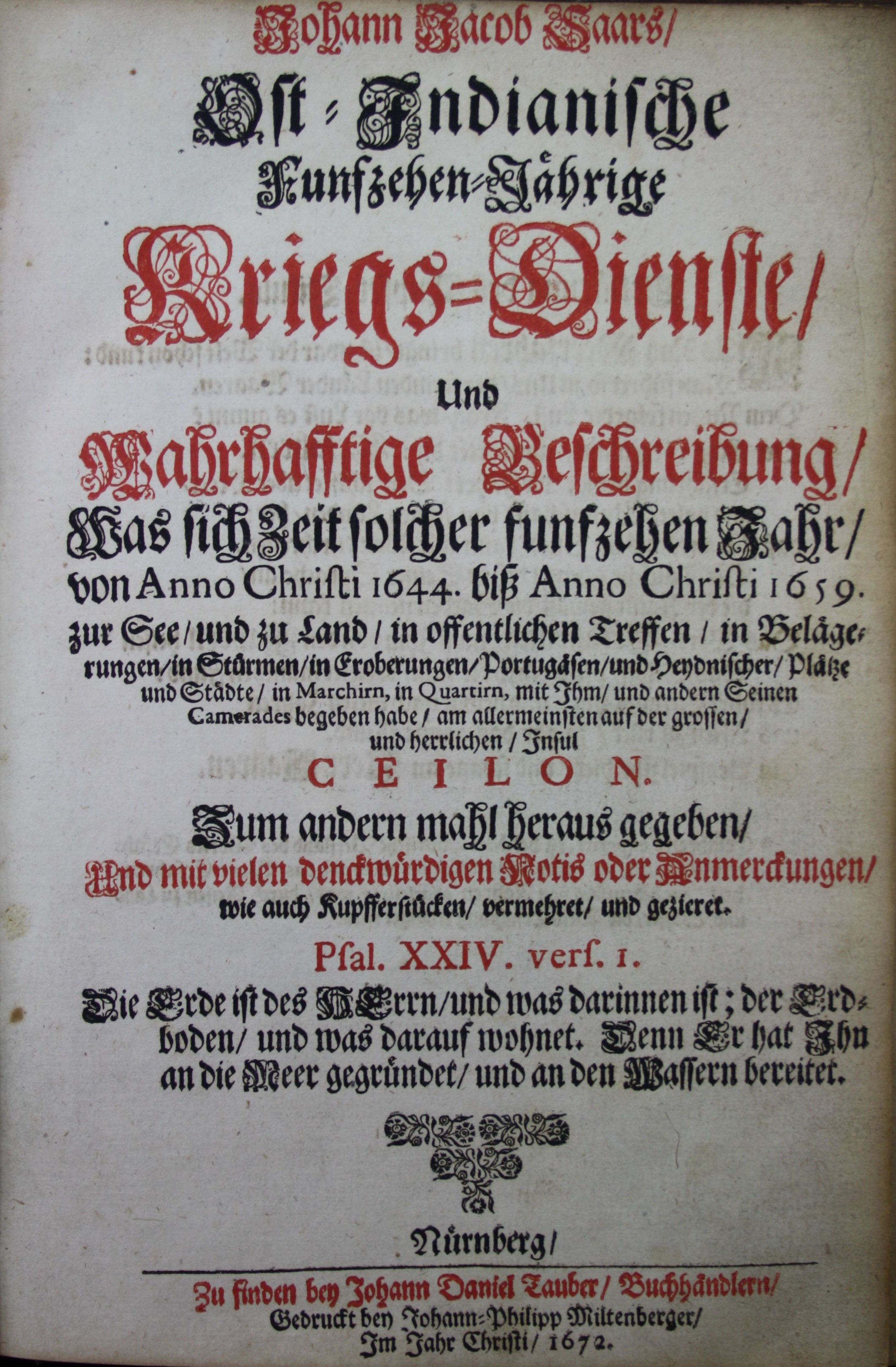 Titelblatt - Johann Jacob Saar, Ost-Indianische Funfzehen-Jährige Kriegs-DiensteNürnberg 1672 (Martinus-Bibliothek Mainz, 16/787)