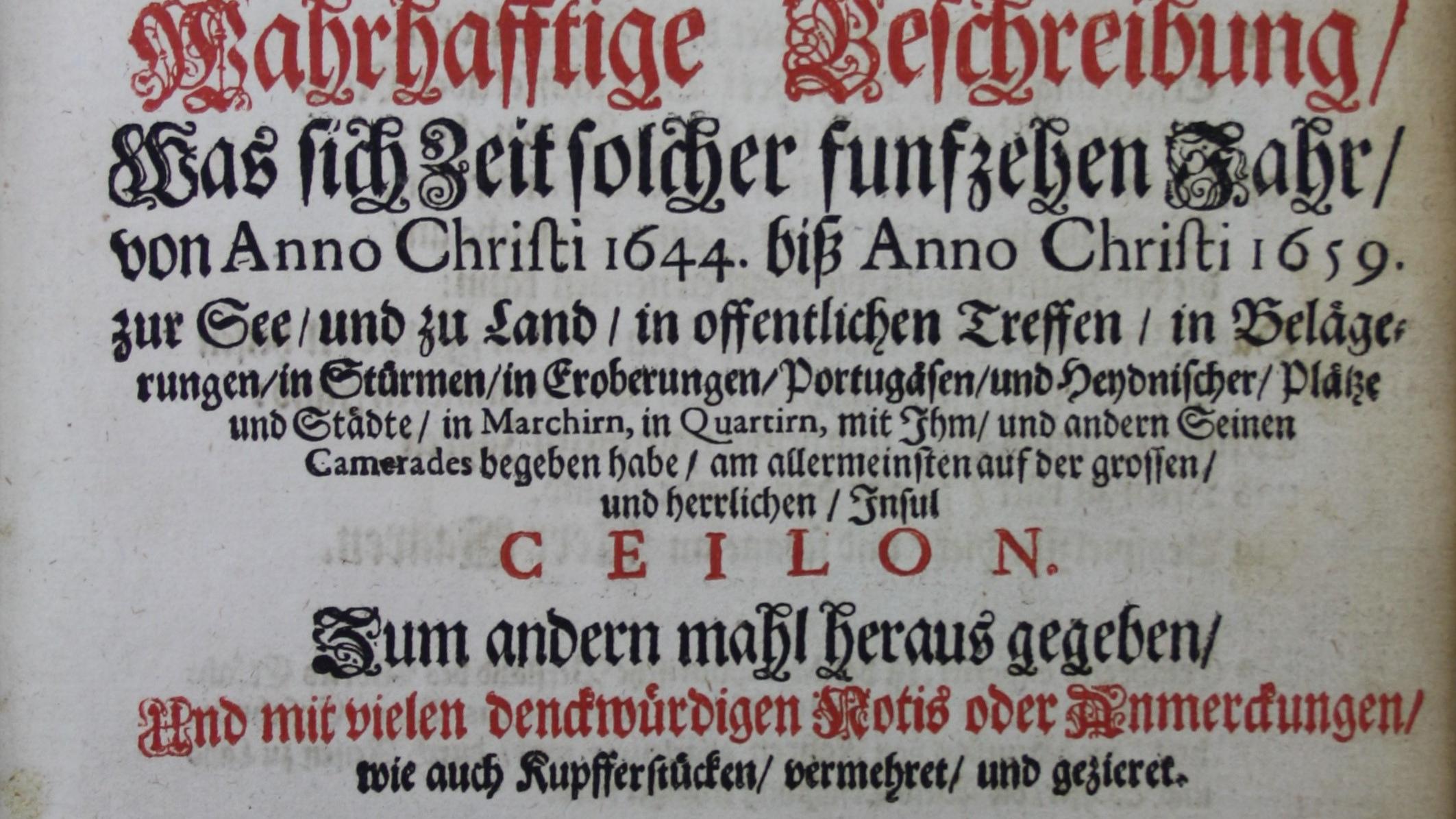 Titelblatt - Johann Jacob Saar, Ost-Indianische Funfzehen-Jährige Kriegs-DiensteNürnberg 1672 (Martinus-Bibliothek Mainz, 16/787)