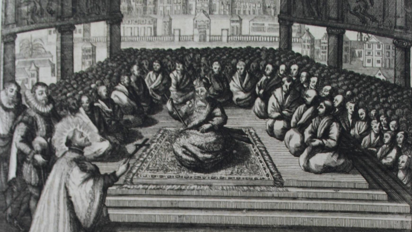 Ankunft der Portugiesen - Cornelius Hazart, Kirchengeschichte Wien 1678 (Martinus-Bibliothek E/927,1)